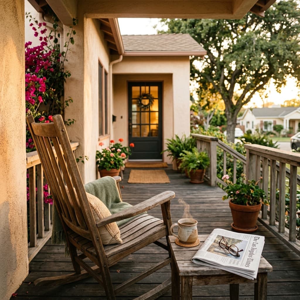 Warm front porch of a Southern California recovery home at golden hour